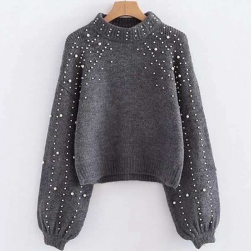 Pearl Printed Lantern Sleeve Knitwear Soft Knitting Sweater