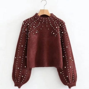 Pearl Printed Lantern Sleeve Knitwear Soft Knitting Sweater