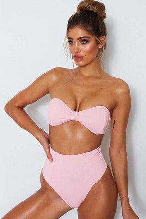 New Ribbed Bowknot Bandeau Bikini Swimsuit in Pink.MO