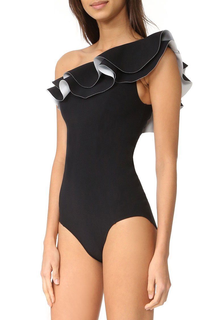 New Layered Ruffle One Shoulder One Piece Swimsuit in Black.MC