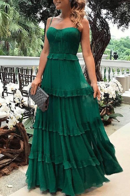 New Elegant Spaghetti Straps Plain Falbala Green Evening Dress.MC