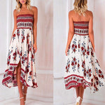 New Off Shoulder Elastic Strapless Irregular Printing Vacation Dress.AQ