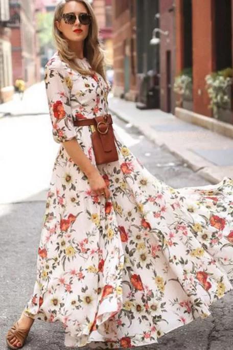 Best Floral Peasant 3/4 Sleeves Maxi X-line Dress