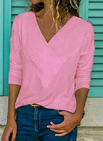 Solid Casual V-Neckline Long Sleeve Blouses TOPS.FL