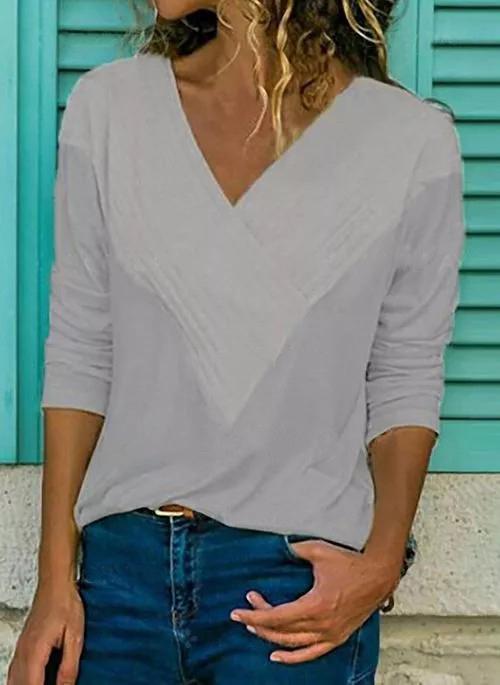 Solid Casual V-Neckline Long Sleeve Blouses TOPS.FL