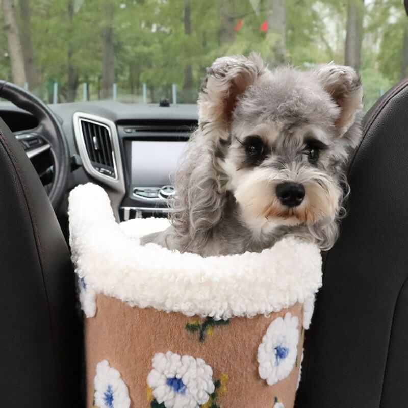 Siège de sécurité de voiture pour chien en laine polaire à fleurs, Console centrale, siège de voiture pour animaux de compagnie