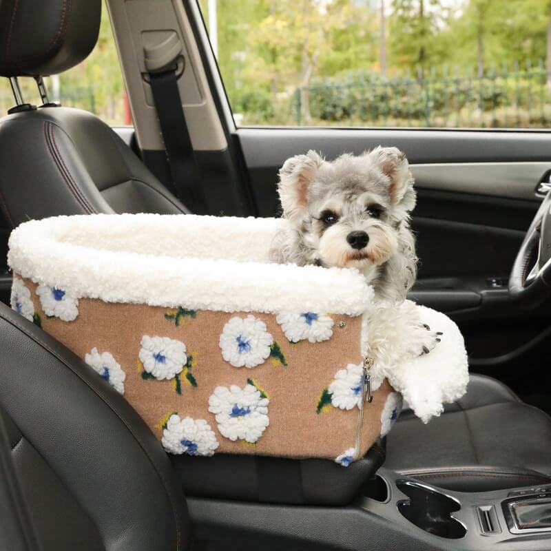 Siège de sécurité de voiture pour chien en laine polaire à fleurs, Console centrale, siège de voiture pour animaux de compagnie