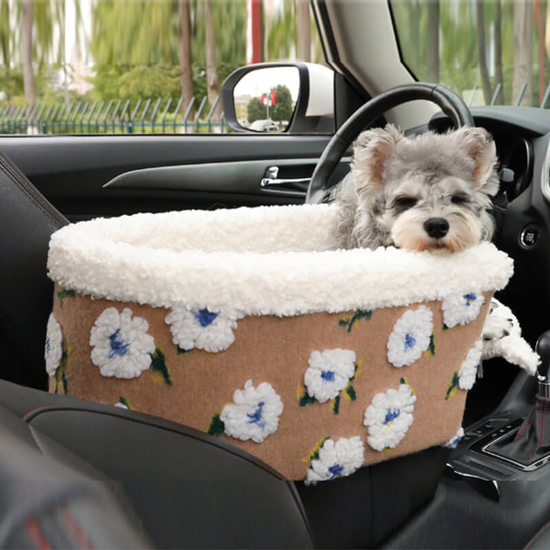 Siège de sécurité de voiture pour chien en laine polaire à fleurs, Console centrale, siège de voiture pour animaux de compagnie